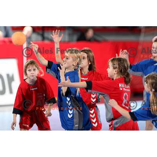 Kids at handball match Krim Mercator- Viborg in round 3 of EHF Championsleague, played at Kodeljevo, Ljubljana, Slovenia 15.11.2008. Krim Mercator won 38:34 