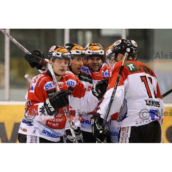 Salzburg players celebrate first goal at ice-hockey match Tilia Olimpija- TWK Innsbruck in round 21 of EBEL league, played in Hala Tivoli, Ljubljana, Slovenia 16.11.2008 