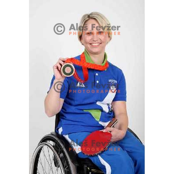 Mateja Pintar,member of Slovenia Paraolympic team showing medal from Paraolympic Games in Beijing, China, september 2008. 