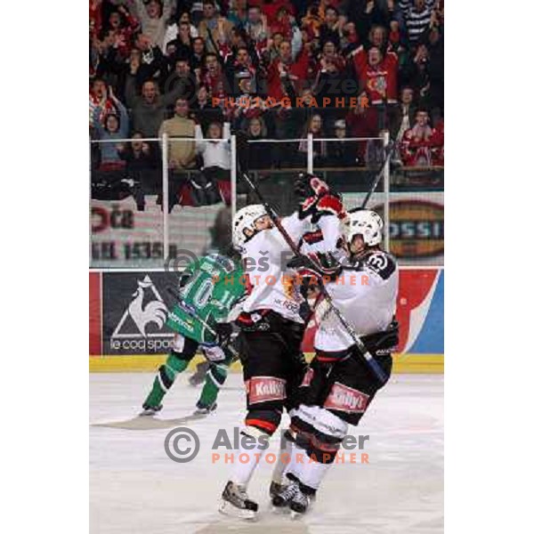 Hebar and Varl celebrate third goal for Jesenice at ice-hockey match Tilia Olimpija- Acroni Jesenice in round 23 of EBEL league, played in Hala Tivoli, Ljubljana, Slovenia 21.11.2008. 