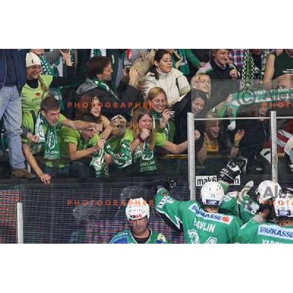 Fans celebrate victory at ice-hockey match Tilia Olimpija- Acroni Jesenice in round 23 of EBEL league, played in Hala Tivoli, Ljubljana, Slovenia 21.11.2008. Tilia Olimpija won 4:3 