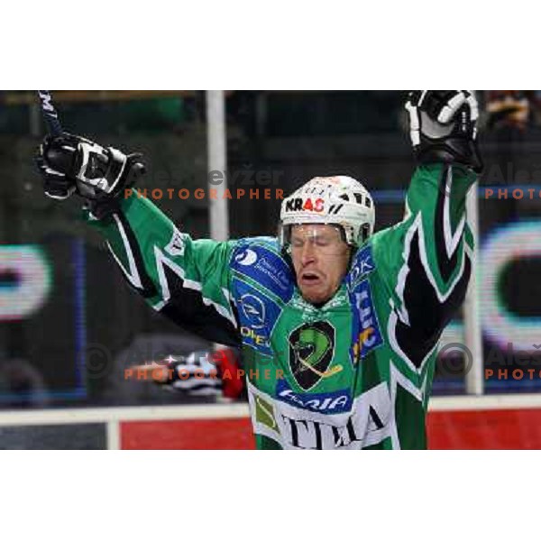 Egon Muric celebrates goal at ice-hockey match Tilia Olimpija- Acroni Jesenice in round 23 of EBEL league, played in Hala Tivoli, Ljubljana, Slovenia 21.11.2008. Tilia Olimpija won 4:3 