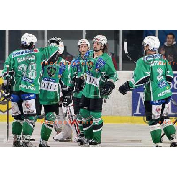 Frank Banham (38), Brendan Yarema(10), Tomaz Vnuk (24), Todd Elik (12), Kevin Mitchell (2) at ice-hockey match Tilia Olimpija- Acroni Jesenice in round 23 of EBEL league, played in Ljubljana, Slovenia 21.11.2008. Tilia Olimpija won 4:3 