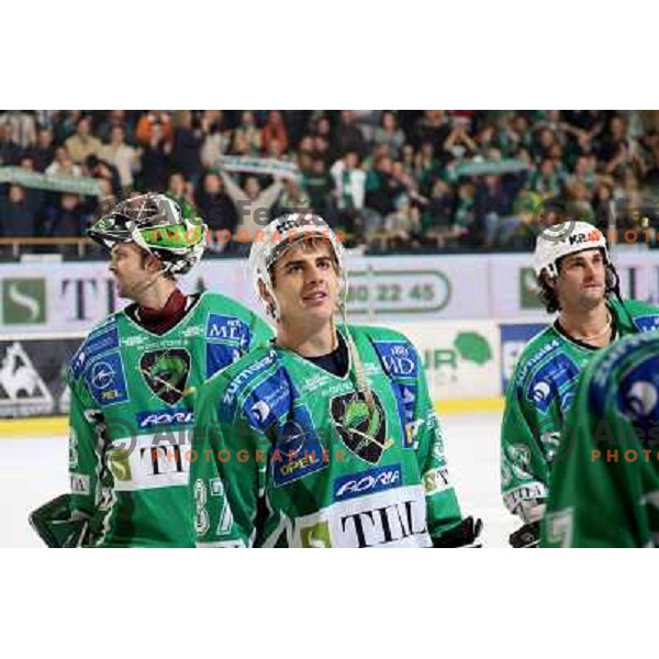 Frank Banham (38),Mike Morrison, Klemen Sodrznik (37) at ice-hockey match Tilia Olimpija- Acroni Jesenice in round 23 of EBEL league, played in Ljubljana, Slovenia 21.11.2008. Tilia Olimpija won 4:3 