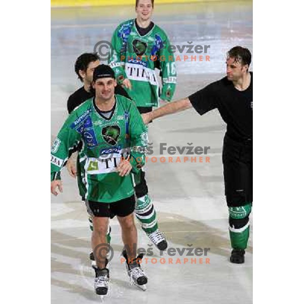 Brendan Yarema(10), Ralph Intranuovo (9),Ales Music, Greg Kuznik at ice-hockey match Tilia Olimpija- Acroni Jesenice in round 23 of EBEL league, played in Ljubljana, Slovenia 21.11.2008. Tilia Olimpija won 4:3 