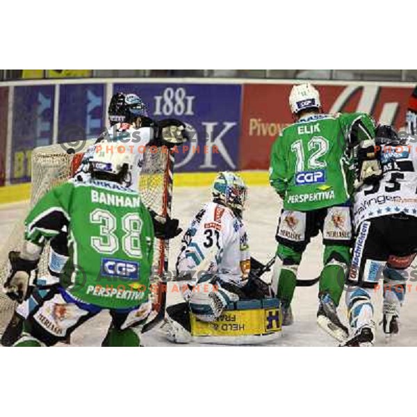 Banham, Westlund, Elik at ice-hockey match Tilia Olimpija-Linz Liwest in round 24 of EBEL league, played in Hala Tivoli, Ljubljana, Slovenia 23.11.2008 