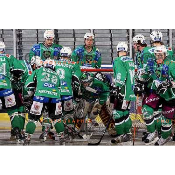 Goalie Sila and players at ice hockey match Tilia Olimpija-VSV in EBEL league, played in Hala Tivoli, Ljubljana 5.12.2008 