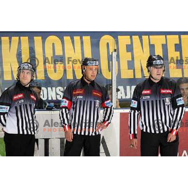 Slovenian referees Lesnjak, Lesnjak, Korosec at ice hockey match Tilia olimpija- VSV in EBEL leageu, played in Hala Tivoli 5.12.2008. Tilia Olimpija won 7:5 after penalty shot-out 