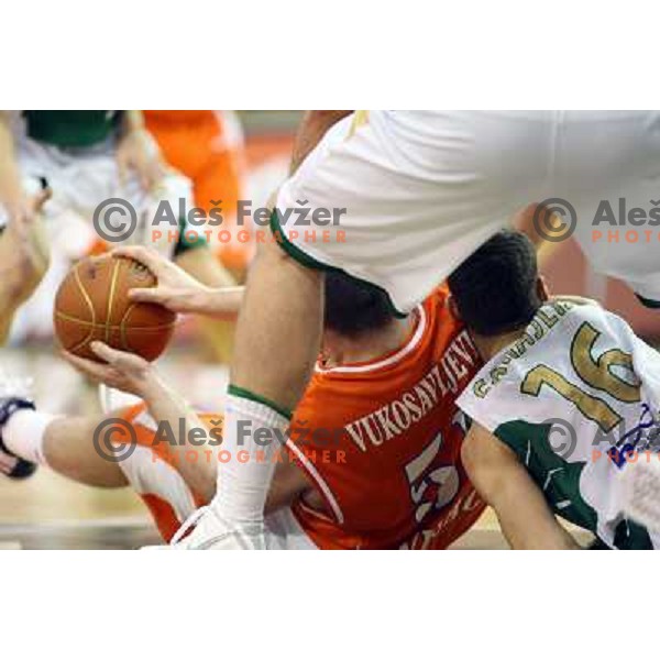 Vukosavljevic and Sarajlija at basketball match Union Olimpija- Hemofarm Stada in NLB league, played in Hala Tivoli, Ljubljana 6.12.2008. Hemofarm Stada won in over-time 108:100 