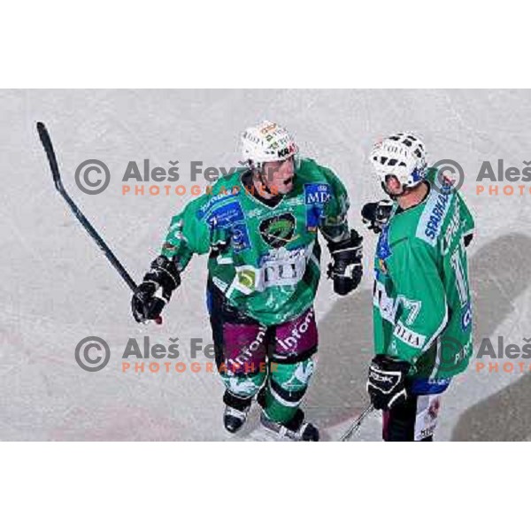 Music and Zupancic celebrate third goal at ice hockey match Tilia Olimpija-Alba in EBEl league, played in Hala Tivoli, Ljubljana 9.12.2008 
