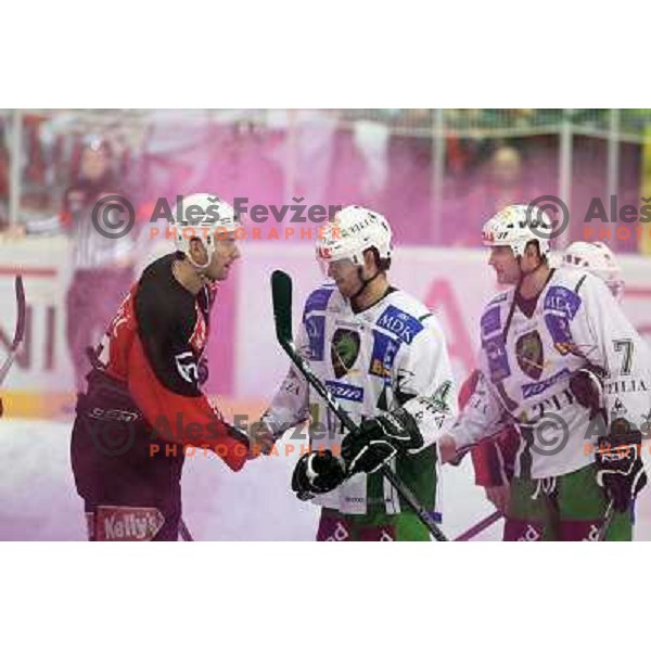 KOvacevic, Cvetek, Zupancic at ice hockey match Acroni Jesenice- Tilia Olimpija in round 32 of EBE league, played in Podmezakla, Jesenice 12.12.2008. Acroni Jesenice won 5:0 
