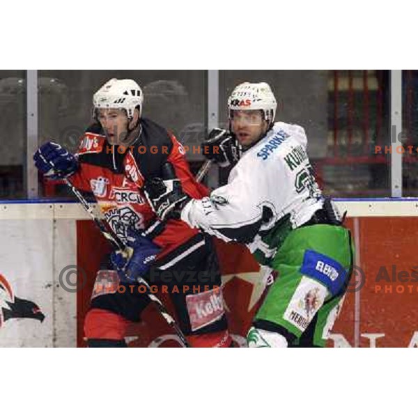 Razingar (left) and Kuznik at ice hockey match Acroni Jesenice- Tilia Olimpija in round 32 of EBE league, played in Podmezakla, Jesenice 12.12.2008. Acroni Jesenice won 5:0 