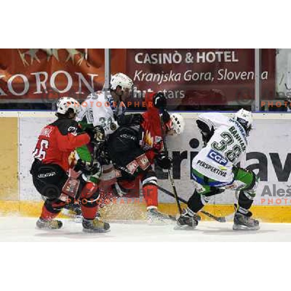 Poloncic, Pavlin, Hebar, Banham at ice hockey match Acroni Jesenice- Tilia Olimpija in round 32 of EBE league, played in Podmezakla, Jesenice 12.12.2008. Acroni Jesenice won 5:0 
