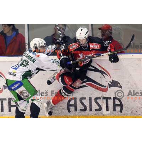 Petrilainen and Hebar at ice hockey match Acroni Jesenice- Tilia Olimpija in round 32 of EBE league, played in Podmezakla, Jesenice 12.12.2008. Acroni Jesenice won 5:0 
