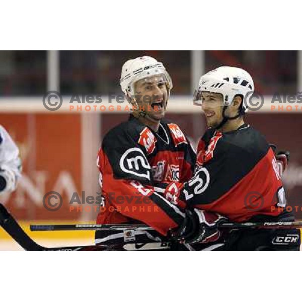 Kovacevic and Kranjc celebrate fourth goal for Jesenice at ice hockey match Acroni Jesenice- Tilia Olimpija in round 32 of EBE league, played in Podmezakla, Jesenice 12.12.2008. Acroni Jesenice won 5:0 