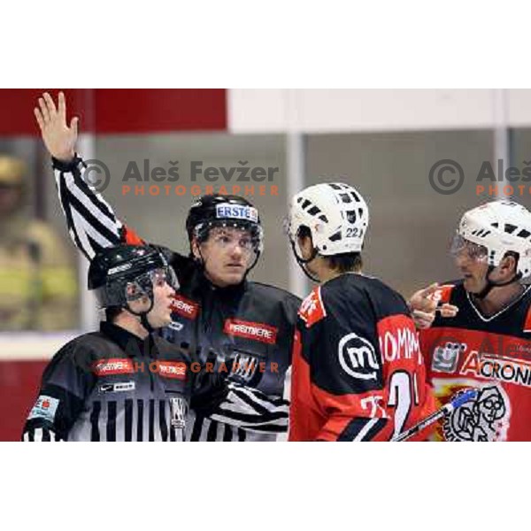 Referee Tschebull, Marcel Rodman, Stromberg at ice hockey match Acroni Jesenice- Tilia Olimpija in round 32 of EBE league, played in Podmezakla, Jesenice 12.12.2008. Acroni Jesenice won 5:0 