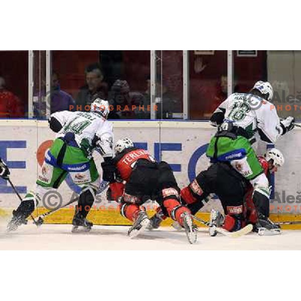 Tavzelj, Terlikar, Kralj at ice hockey match Acroni Jesenice- Tilia Olimpija in round 32 of EBE league, played in Podmezakla, Jesenice 12.12.2008. Acroni Jesenice won 5:0 