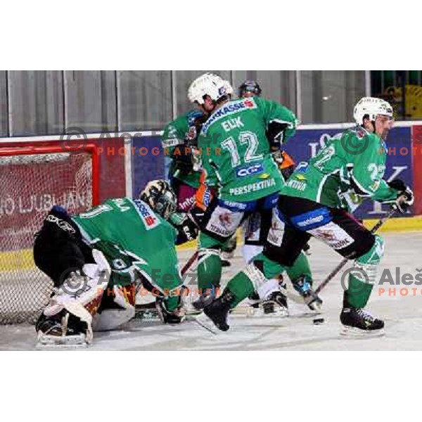 Sila, Elik, Kuznik at ice hockey match Tilia Olimpija-Graz 99ers in round 33 of EBEL league, played in Hala Tivoli, Ljubljana 14.12.2008 