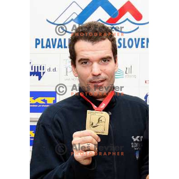  Peter Mankoc with gold medal from European Swimming Championship in 25 meters pool at press conference in Hala Tivoli, Ljubljana 15.12.2008 