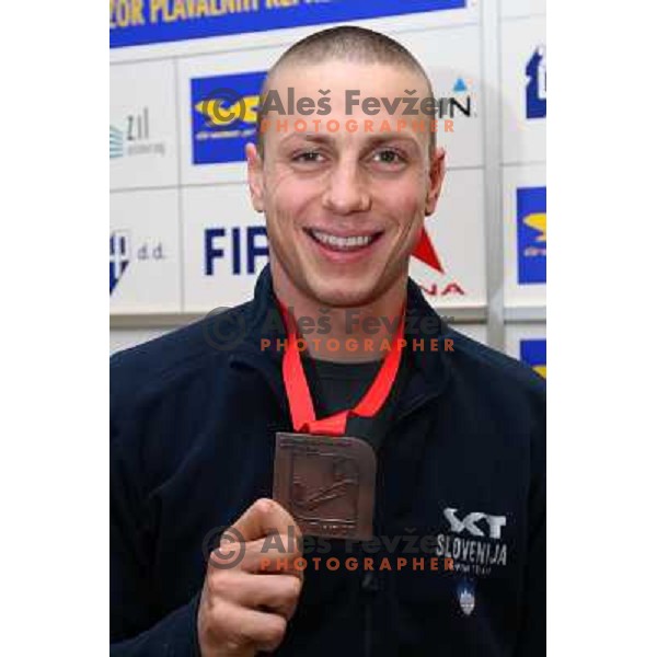 Emil Tahirovic with bronze medal from European Swimming Championship in 25 meters pool at press conference in Hala Tivoli, Ljubljana 15.12.2008 