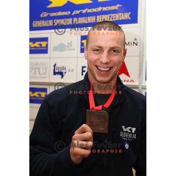 Emil Tahirovic with bronze medal from European Swimming Championship in 25 meters pool at press conference in Hala Tivoli, Ljubljana 15.12.2008 