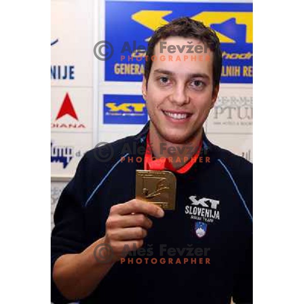  Matjaz Markic with gold medal from European Swimming Championship in 25 meters pool at press conference in Hala Tivoli, Ljubljana 15.12.2008 