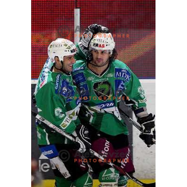Intranuovo and Banham celebrate first goal for Tilia Olimpija at ice hockey match Tilia Olimpija- KAC in EBEL league, played in Hala Tivoli, Ljubljana 19.12.2008 