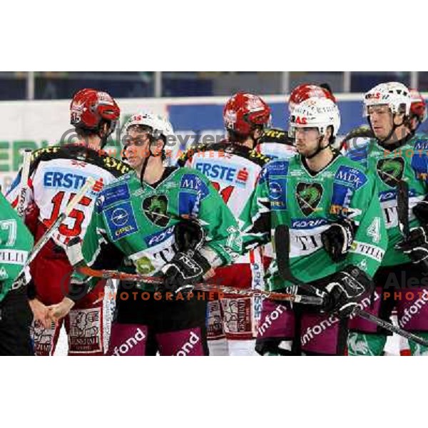 Hocevar, Cvetek, Muric at ice hockey match Tilia Olimpija- KAC in Ebel league, played in Hala Tivoli, Ljubljana 19.12.2008. KAC won 2:1 in overtime. 
