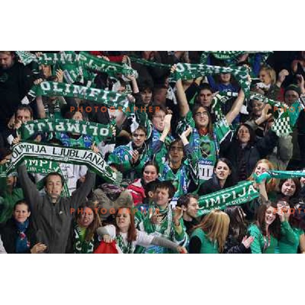 Olimpija fans at ice-hockey match Tilia Olimpija- Acroni Jesenice in round 39 of Ebel league, played in Hala Tivoli, Ljubljana 30.12.2008. Tlia Olimpija won 4:3 in over-time. 