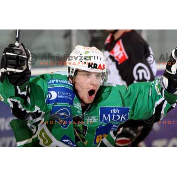 Ales Music celebrates third goal for Tilia Olimpija at ice-hockey match Tilia Olimpija- Acroni Jesenice in round 39 of Ebel league, played in Hala Tivoli, Ljubljana 30.12.2008. Tlia Olimpija won 4:3 in over-time. 