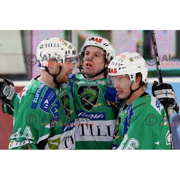 Tavzelj, Ropret, Petrilainen at ice hockey match Tilia Olimpija-TWK Innsbruck in round 42 of Ebel league, played in Hala Tivoli, Ljubljana 6.1.2009 