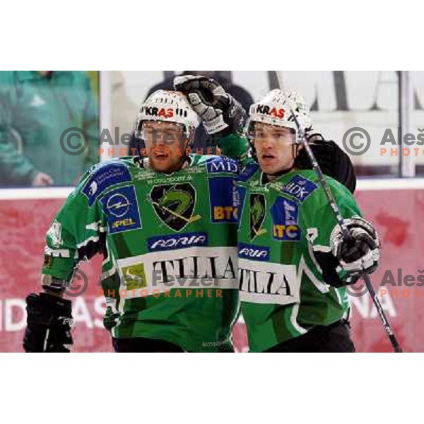 Tavzelj and Ropret celebrate first goal at ice hockey match Tilia Olimpija-TWK Innsbruck in round 42 of Ebel league, played in Hala Tivoli, Ljubljana 6.1.2009 