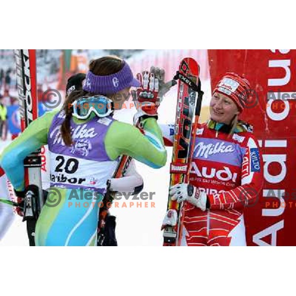 Maze (20) congratulates Poutiainen at 45.Golden fox- Zlata Lisica Audi FIS World Alpine skiing giant slalom in Maribor, Slovenia 10.1.2009 