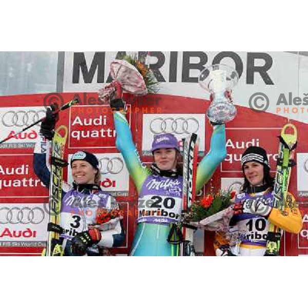 Karbon (3), Maze (20), Hoelzl (10) at 45.Golden fox- Zlata Lisica Audi FIS World Alpine skiing giant slalom in Maribor, Slovenia 10.1.2009 