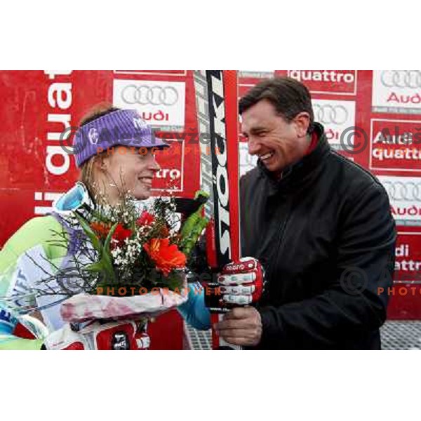 Tina Maze and Borut Pahor celebrate victory at 45.Golden fox- Zlata Lisica Audi FIS World Alpine skiing giant slalom in Maribor, Slovenia 10.1.2009 