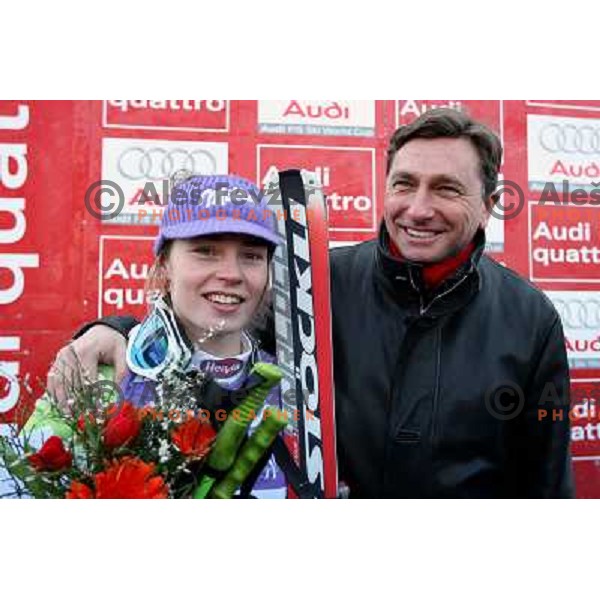 Tina Maze and Borut Pahor celebrate victory at 45.Golden fox- Zlata Lisica Audi FIS World Alpine skiing giant slalom in Maribor, Slovenia 10.1.2009 