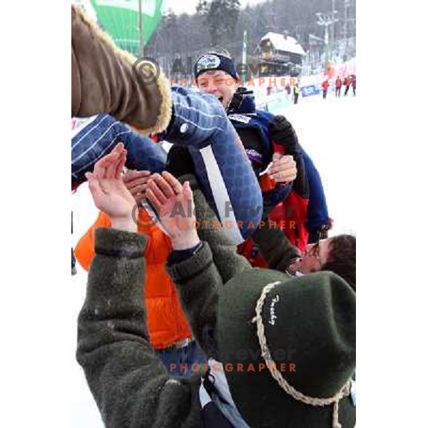 Denise Karbon celebrate second place at 45.Golden fox- Zlata Lisica Audi FIS World Alpine skiing giant slalom in Maribor, Slovenia 10.1.2009 