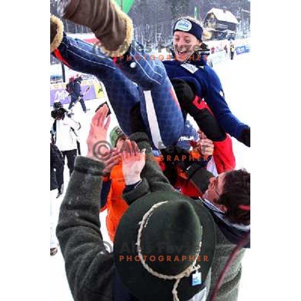 Denise Karbon celebrate second place at 45.Golden fox- Zlata Lisica Audi FIS World Alpine skiing giant slalom in Maribor, Slovenia 10.1.2009 