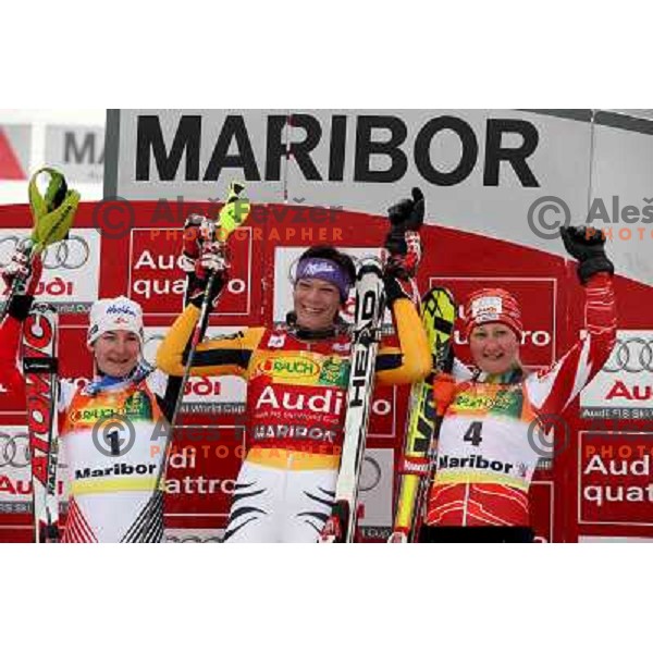 third placed Tanja Poutiainen (FIN), winner Maria Riesch (GER) and second placed Kathrin Zettel (AUT) at podium of Audi FIS Ski world Cup slalom at 45.Golden fox- Zlata Lisica , Maribor, Slovenia 11.1.2009 