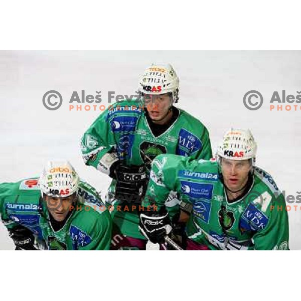 Intranuovo, Petrilainen, Kuznik at ice hockey match Tilia Olimpija- Alba in round 44 of Ebel league, played in Hala Tivoli, Ljubljana 11.1.2009. Tilia Olimpija won 2:1 