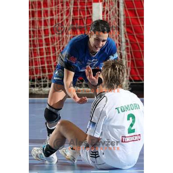 Lekic talks to Tomori at handball match Krim Mercator- Gyori Audi Eto KC in EHF Championsleague, group II, played in Kodeljevo Hall, Ljubljana 7.2.2009. Gyori won 35:31 