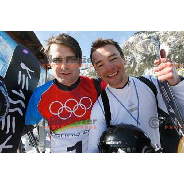 Rok Flander and Izidor Sustersic of Slovenia Olympic team compete in Men\'s Parallel Giant Slalom during Torino 2006 Winter Olympic games, Italy on February 22, 2006