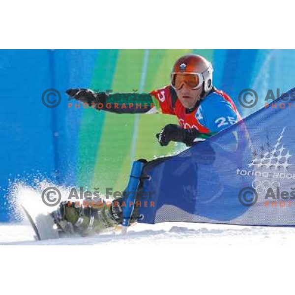 Tomaz Knafelj of Slovenia Olympic team competes in Men\'s Parallel Giant Slalom during Torino 2006 Winter Olympic games, Italy on February 22, 2006