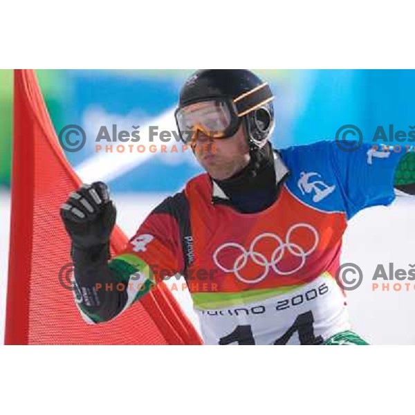 Dejan Kosir of Slovenia Olympic team competes in Men\'s Parallel Giant Slalom during Torino 2006 Winter Olympic games, Italy on February 22, 2006