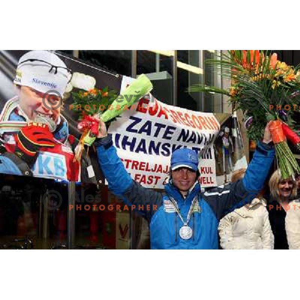 Teja Gregorin at reception at Brnik Airport 23.2.2009 after she won silver medal at World Biathlon Championships in South Korea 