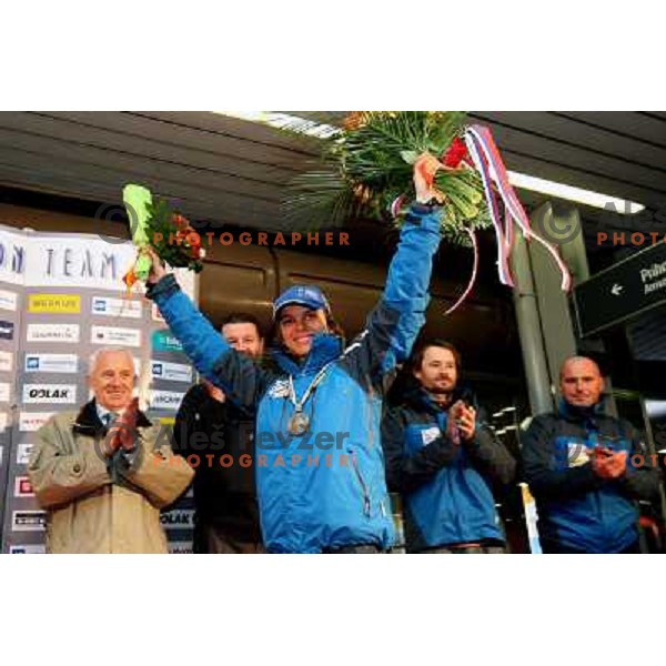 Teja Gregorin at reception at Brnik Airport 23.2.2009 after she won silver medal at World Biathlon Championships in South Korea 