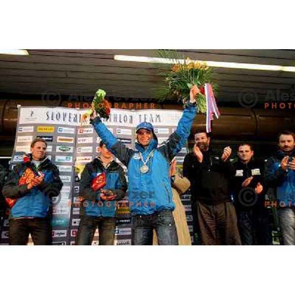 Teja Gregorin at reception at Brnik Airport 23.2.2009 after she won silver medal at World Biathlon Championships in South Korea 