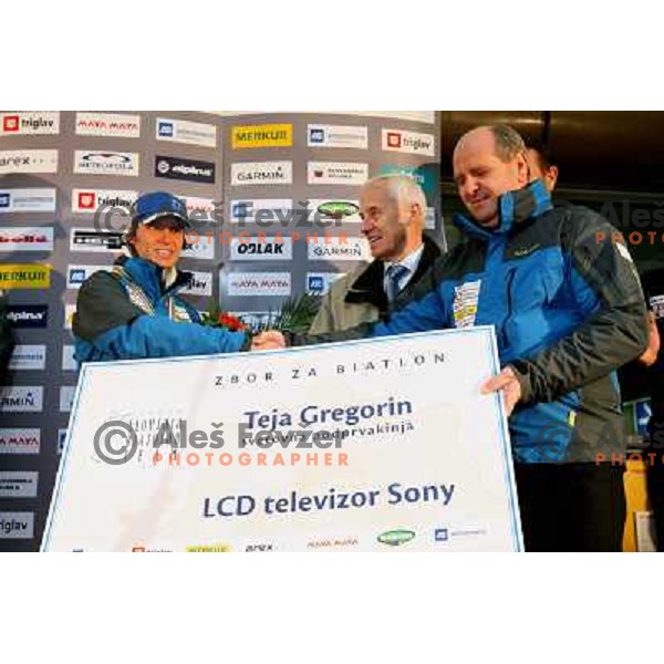 Teja Gregorin at reception at Brnik Airport 23.2.2009 after she won silver medal at World Biathlon Championships in South Korea 