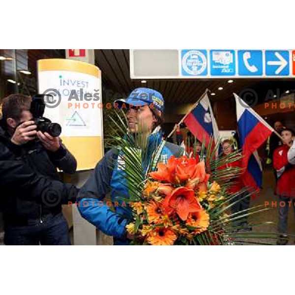 Teja Gregorin at reception at Brnik Airport 23.2.2009 after she won silver medal at World Biathlon Championships in South Korea 