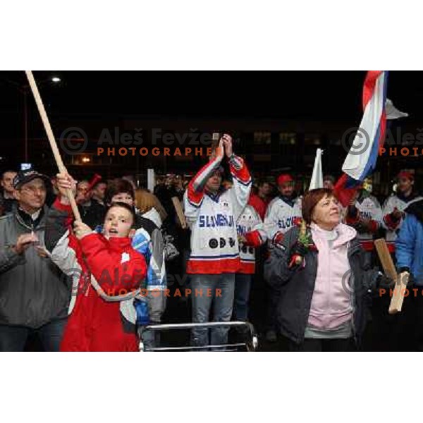 Fans of Teja Gregorin at reception at Brnik Airport 23.2.2009 after she won silver medal at World Biathlon Championships in South Korea 